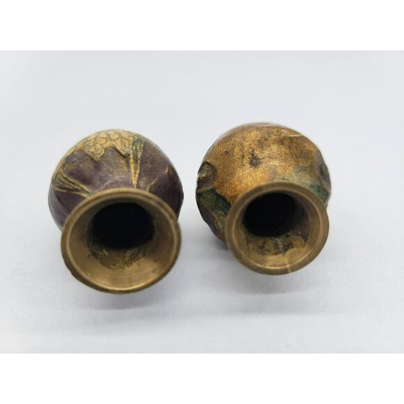 Pair Brass Enamel Floral Cloisonne Vases Miniature 2 inches - Picture 10 of 12